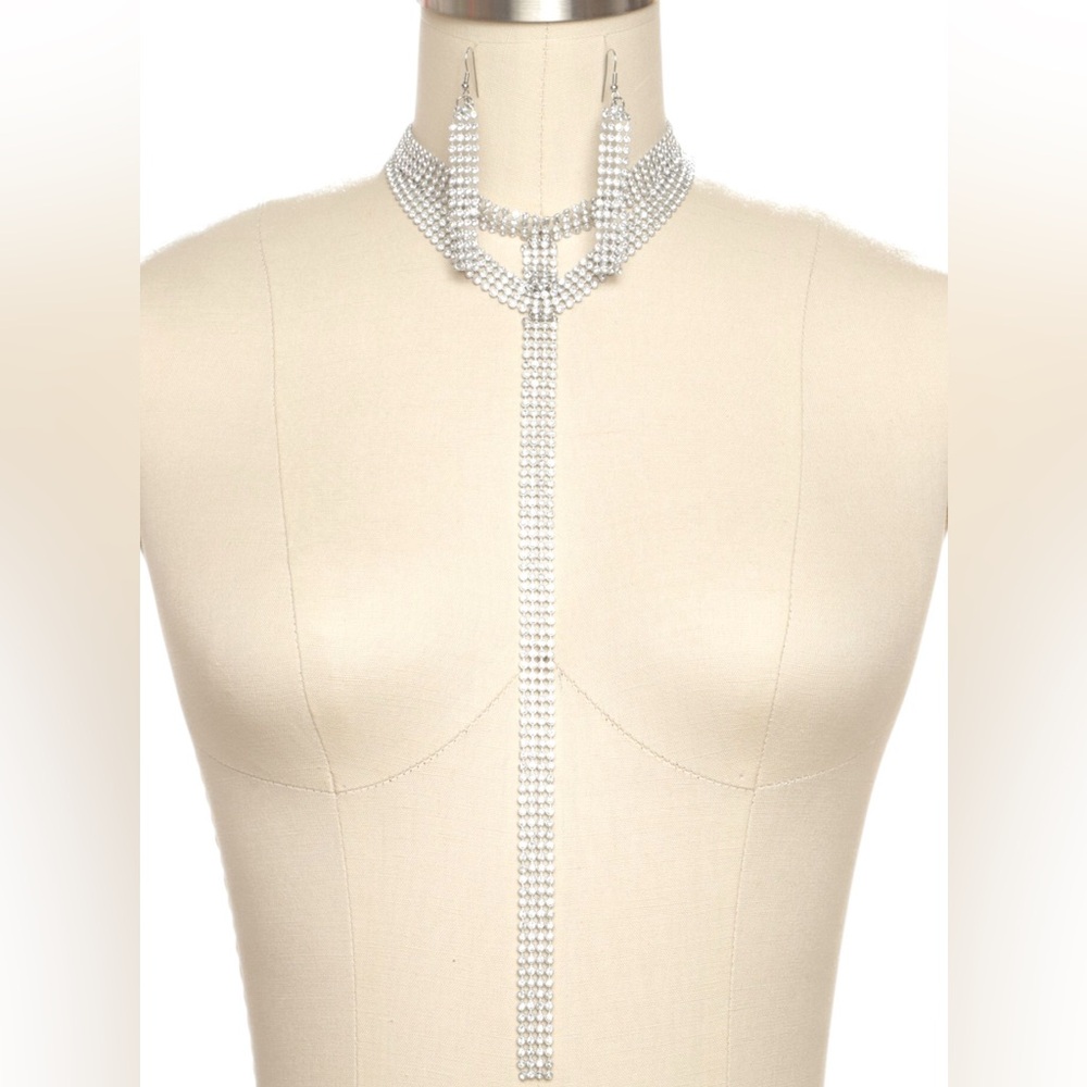 Silver Mesh Rhinestone Lariat Choker Statement Necklace and Earrings